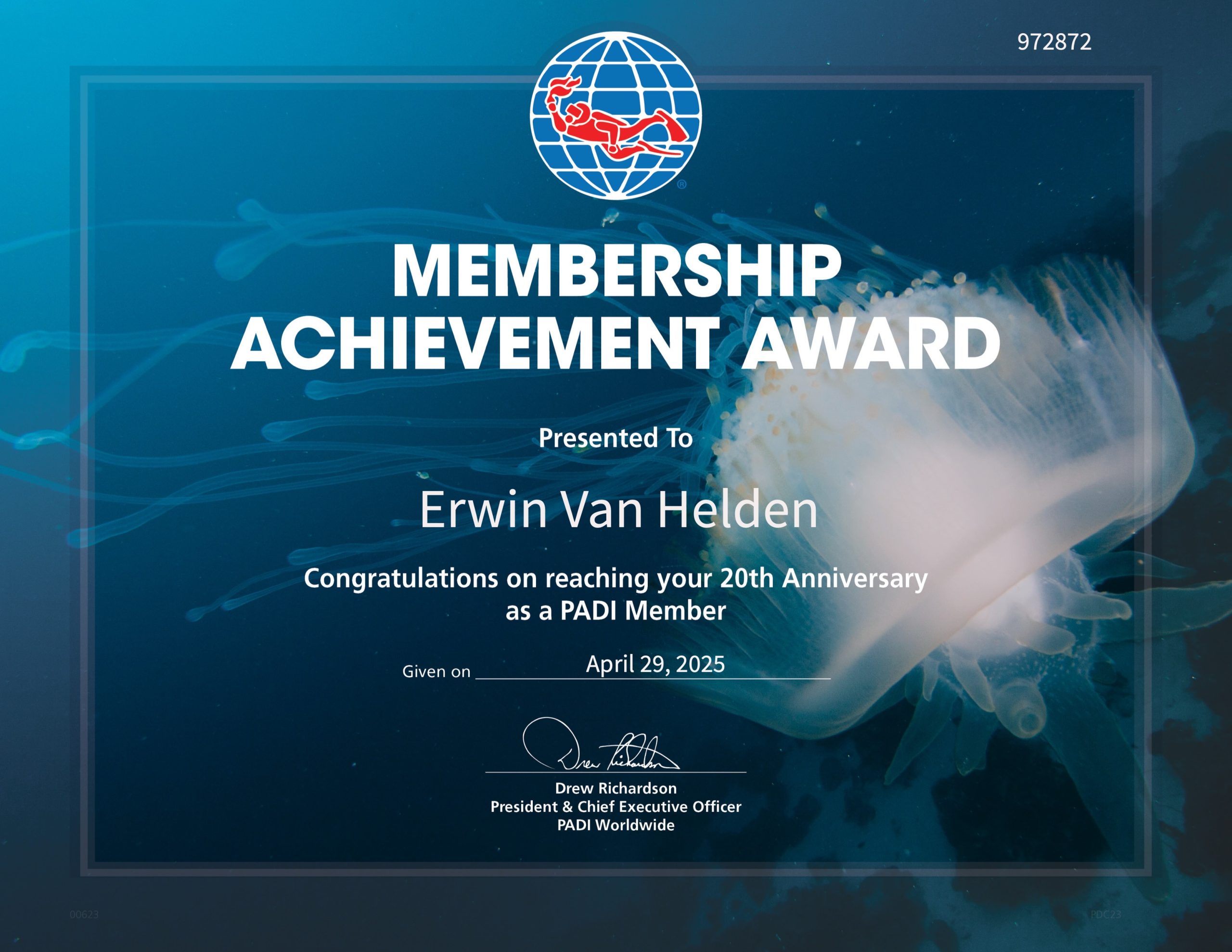 PADI 20-year Divemaster certificate